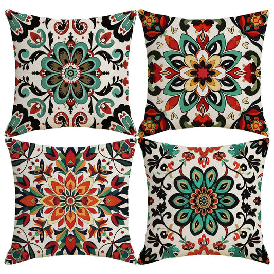 Set of four linen-look polyester pillow covers with colorful floral medallion prints