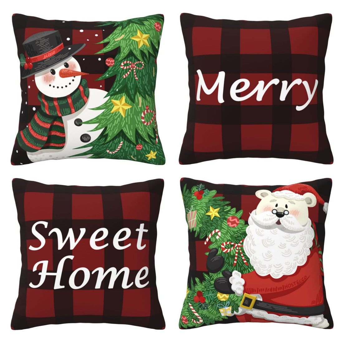 Set of four short-pile plush polyester pillow covers with snowman, Santa and red buffalo plaid Christmas prints