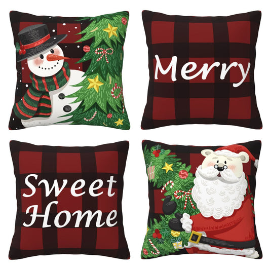 Set of four short-pile plush polyester pillow covers with snowman, Santa and red buffalo plaid Christmas prints