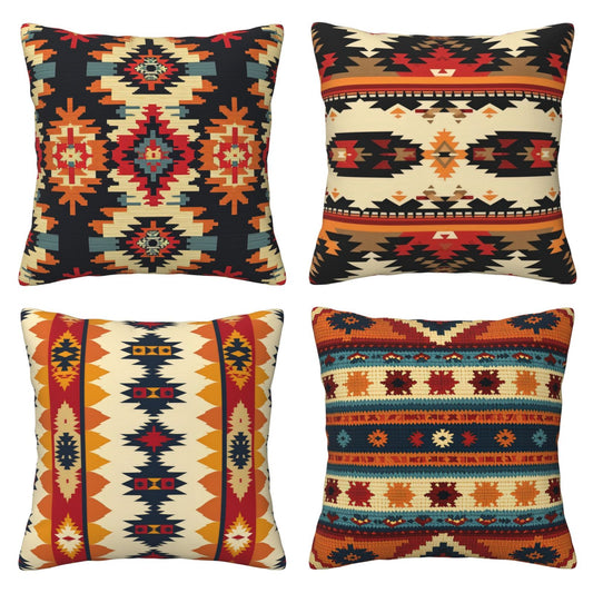 Set of four short-pile plush polyester pillow covers with black, rust and cream geometric prints