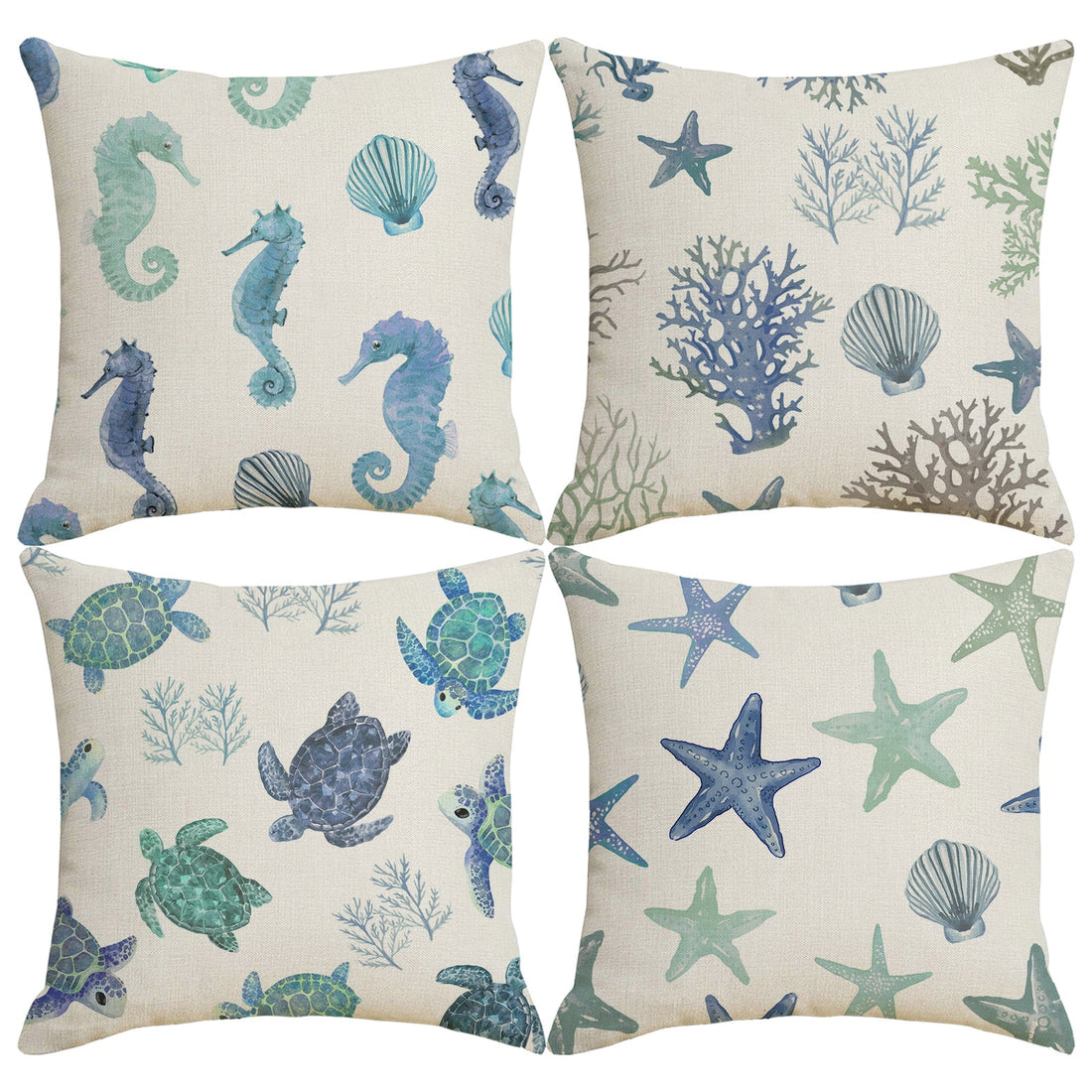 Set of four water-resistant linen-look polyester pillow covers with blue and green coastal prints