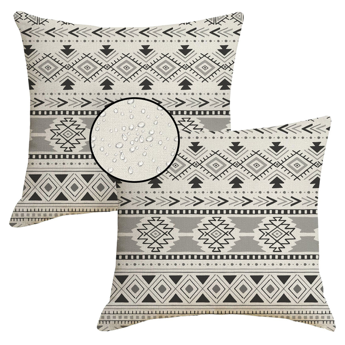 Set of two water-resistant linen-look polyester pillow covers with black geometric stripes