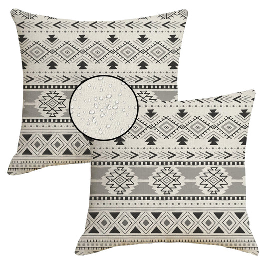 Set of two water-resistant linen-look polyester pillow covers with black geometric stripes