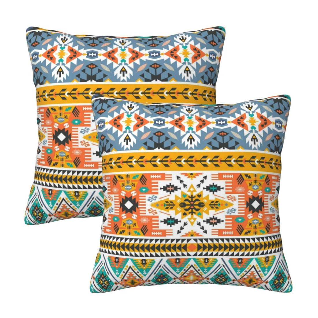 Set of two bohemian velvet pillow covers with turquoise, orange and yellow Aztec bands