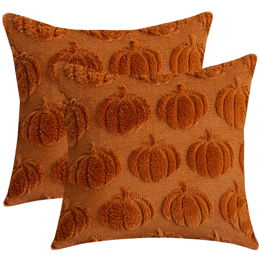 Set of two quilted polyester pillow covers with raised rust pumpkin rows