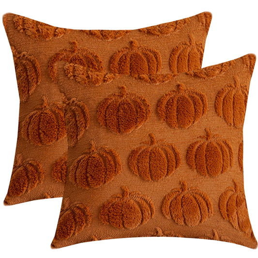 Set of two quilted polyester pillow covers with raised rust pumpkin rows