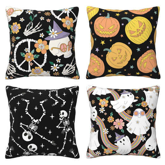 Set of four short-pile plush polyester pillow covers with floral skeletons, pumpkins and ghosts on black