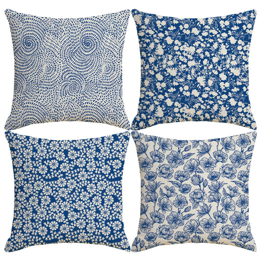 HOSTECCO Blue Floral Throw Pillow Covers 18x18 inch Set of 4 Rustic Flower Pillow Cases Vintage Dot Decorative Cushion Covers for Sofa Couch