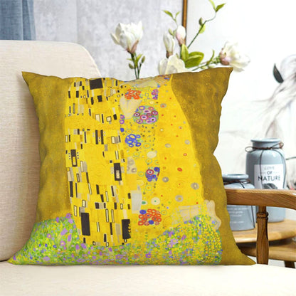 HOSTECCO Gustav Klimt Pillow Covers Painting The Kiss Cushion Covers for Sofa Couch Bed 18x18 Inch