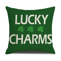 Short-pile plush pillow cover with Lucky Charms text and shamrocks on green, shown on white