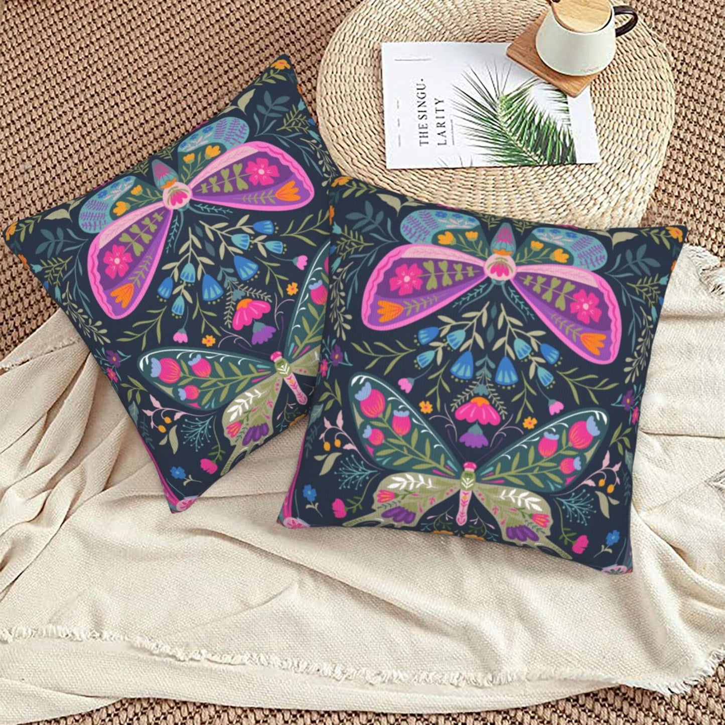 Butterflies Throw Pillow Covers 18x18 inch Set of 2 Folk Nature Velvet Cushion Covers for Sofa Couch Bed