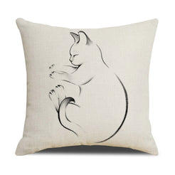 Linen-look polyester pillow cover with sitting cat viewed from behind in black line art, shown on white