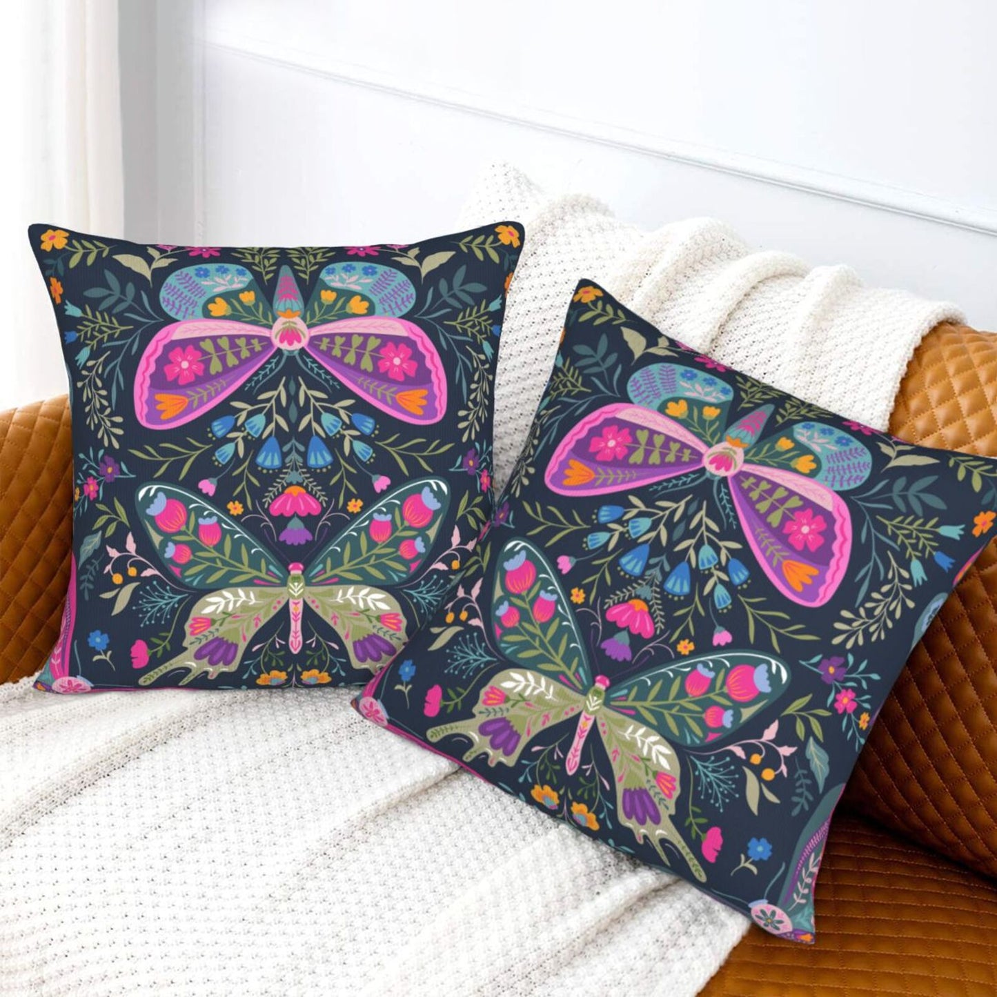 Butterflies Throw Pillow Covers 18x18 inch Set of 2 Folk Nature Velvet Cushion Covers for Sofa Couch Bed