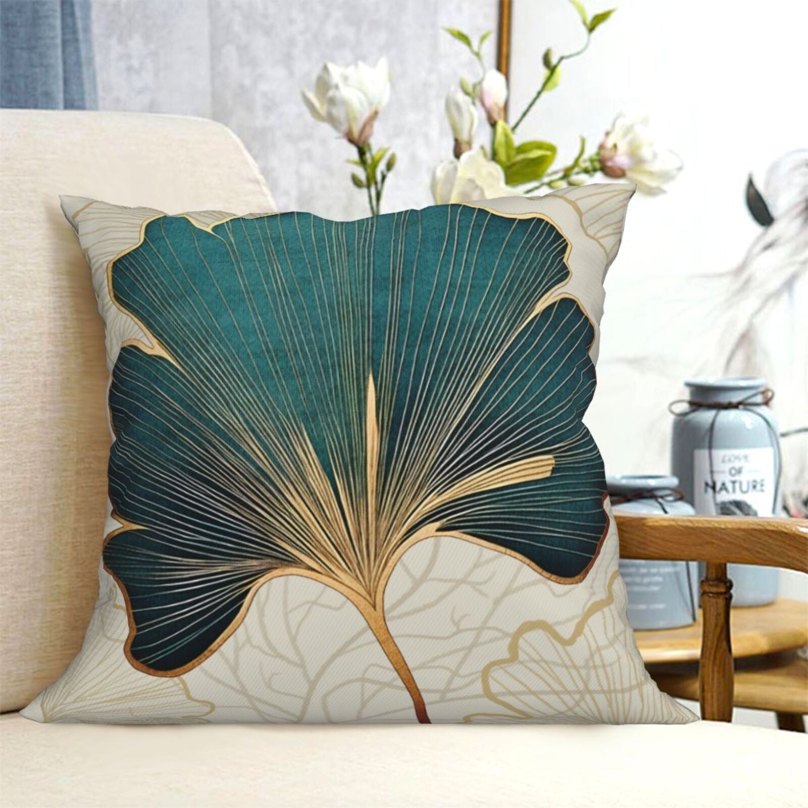 Link 7，HOSTECCO Teal Gold Leaf Pillow Covers 18x18 Inch Turquoise