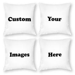 Four white custom photo pillow cover mockups reading Custom Your Images Here