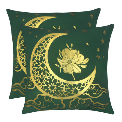 GSXRSG2, HOSTECCO Emerald Green Gold Throw Pillow Covers 18x18 inch Set of 2 Geometric Velvet Pillow Cases Moon Star Decorative Cushion Cases for Sofa Living Room