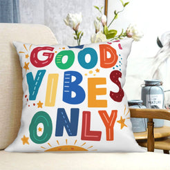 short-pile plush polyester pillow cover with Good Vibes Only lettering, shown on a cream sofa