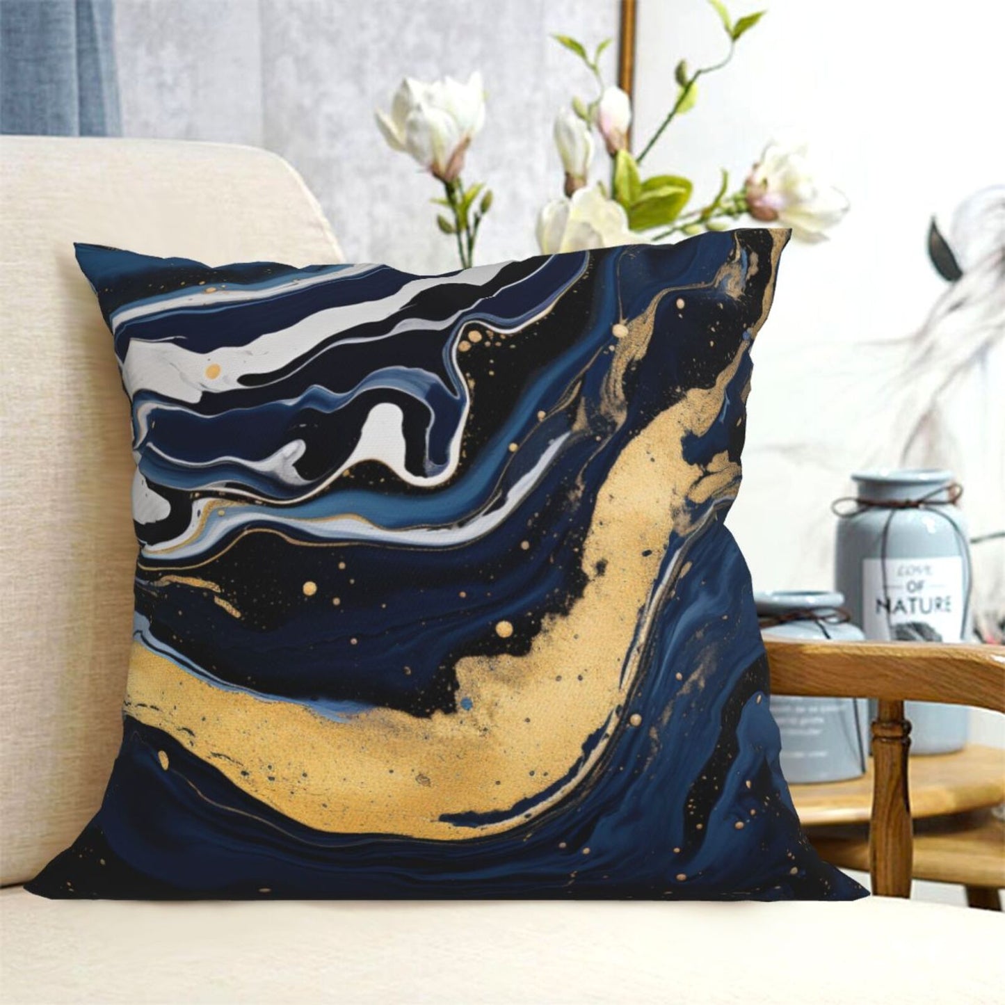 DHSAP-S6, HOSTECCO Navy Blue Marble Throw Pillow Covers 18x18 inch Set of 4 Abstract Blue Gold Pillow Cases for Sofa Couch Living Room