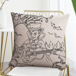 Short-pile plush polyester pillow cover with witch playing a guitar with bats, styled on a gold chair