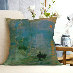 short-pile plush polyester pillow cover with misty blue water with small boats, shown on a cream sofa