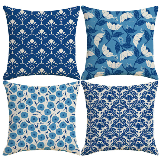 HOSTECCO Blue and White Floral Throw Pillow Covers 18x18 inch Set of 4 Rustic Flower Pillow Cases Vintage Decorative Cushion Covers for Sofa Couch