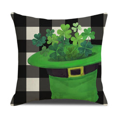Short-pile plush pillow cover with a shamrock-filled leprechaun hat on gingham, shown on white