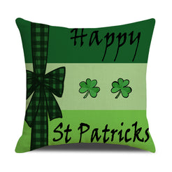 Short-pile plush pillow cover with Happy St Patricks text and a gingham bow, shown on pale green