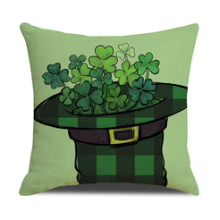 Short-pile plush pillow cover with a shamrock-filled gingham hat, shown on pale green