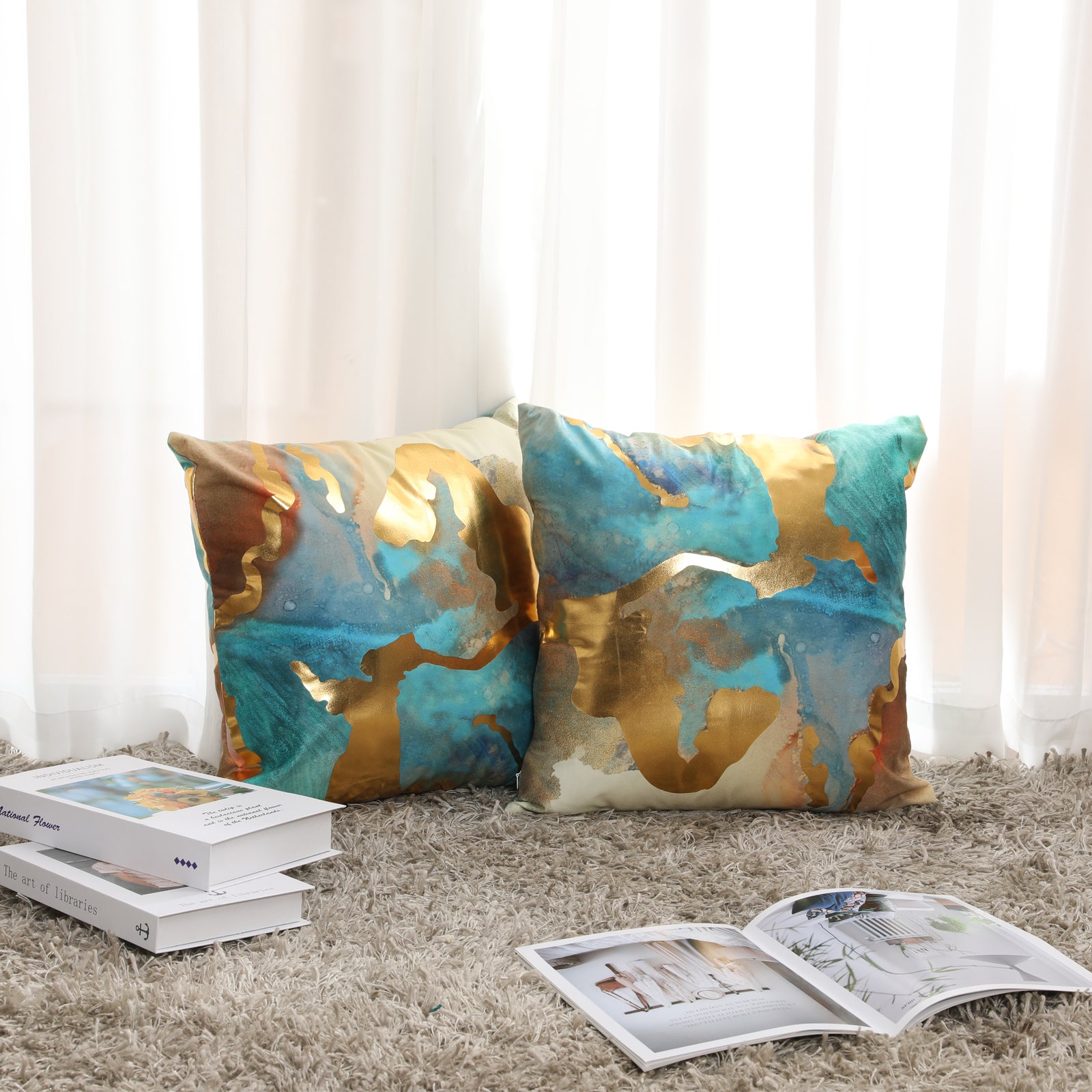 Teal shops gold cushions