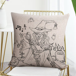 Short-pile plush polyester pillow cover with witch and cat in a graveyard, styled on a gold chair