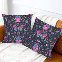 Folk butterfly velvet pillow covers with navy scattered butterflies and flowers, styled on a sofa