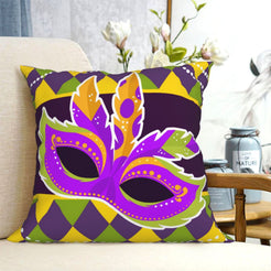 short-pile plush polyester pillow cover with purple and green carnival mask, shown on a cream sofa