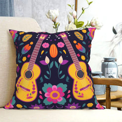 short-pile plush polyester pillow cover with paired yellow guitars among flowers on navy, shown on a cream sofa