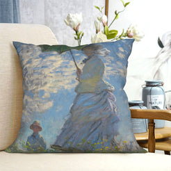 short-pile plush polyester pillow cover with figure holding a parasol beneath a cloudy sky, shown on a cream sofa