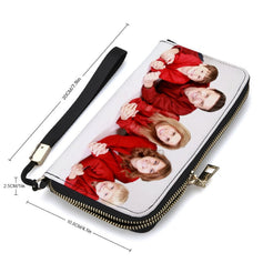 Custom photo zip wallet with dimensions and wrist strap