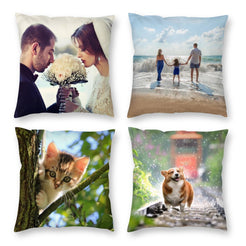 Four custom photo pillow cover examples with wedding, beach, kitten and dog images