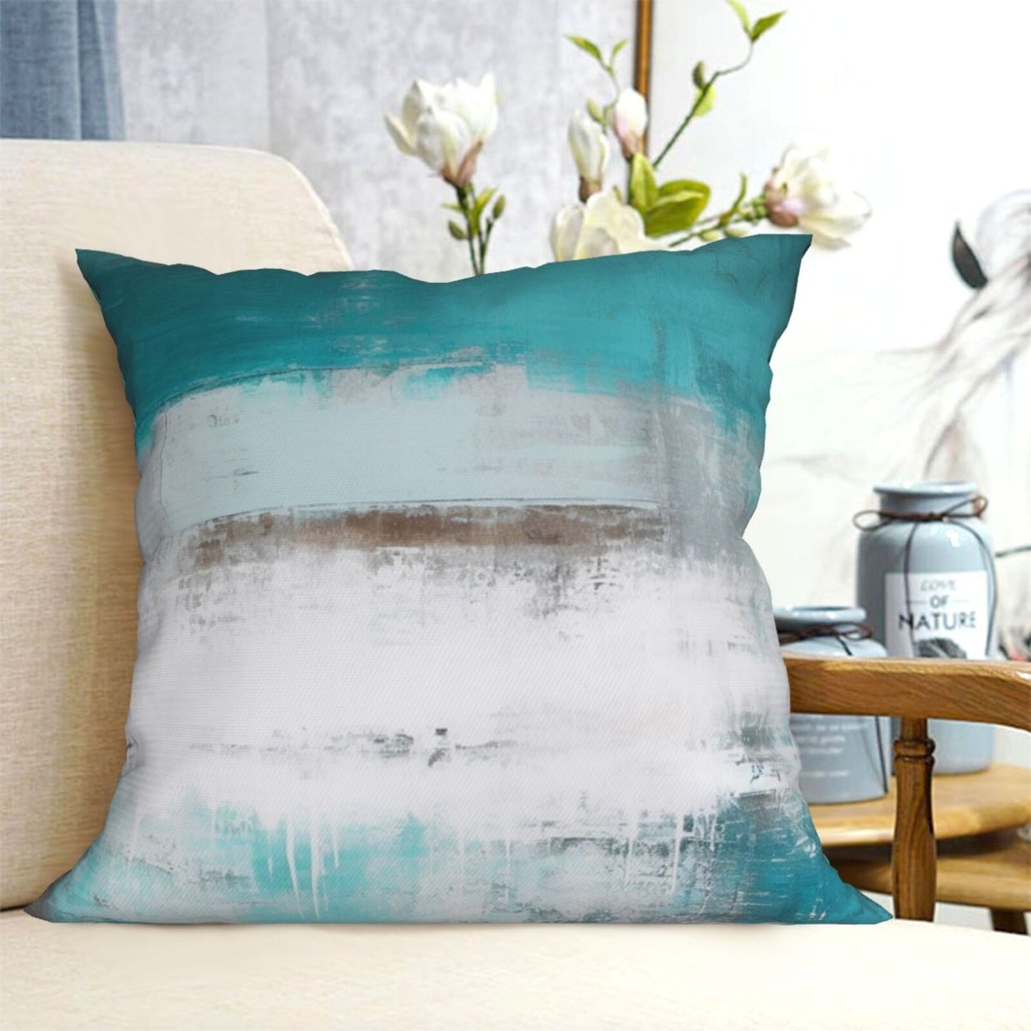 DHSAP-S4, HOSTECCO Teal Grey Throw Pillow Covers 18x18 inch Set of 4 Turquoise Abstract Pillowcases for Sofa Couch