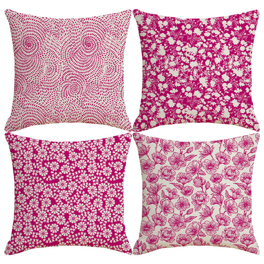 HOSTECCO Floral Throw Pillow Covers 18x18 inch Set of 4 Rustic Flower Pillow Cases Pink Color Dot Decorative Cushion Covers for Sofa Couch