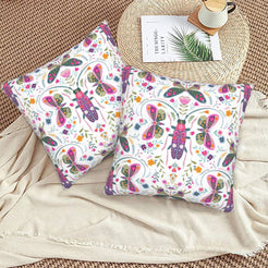 Set of two folk butterfly velvet pillow covers with white butterflies and colorful flowers