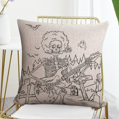 Short-pile plush polyester pillow cover with skeleton playing a guitar, styled on a gold chair