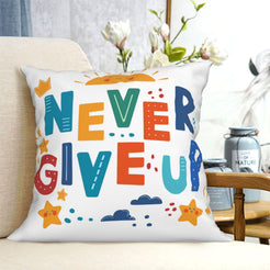 short-pile plush polyester pillow cover with Never Give Up lettering, shown on a cream sofa