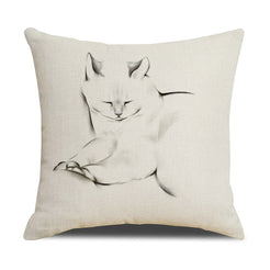 Linen-look polyester pillow cover with resting cat facing forward in black line art, shown on white