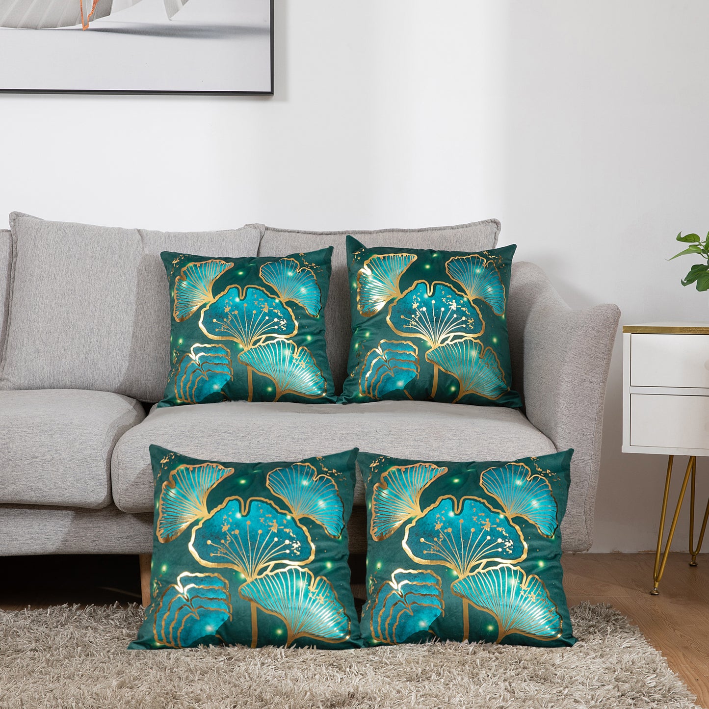 GSXLST2, Teal Gold Throw Pillow Covers 18x18 inch Gold Stamping Leaves Pillow Cases for Sofa Living Room