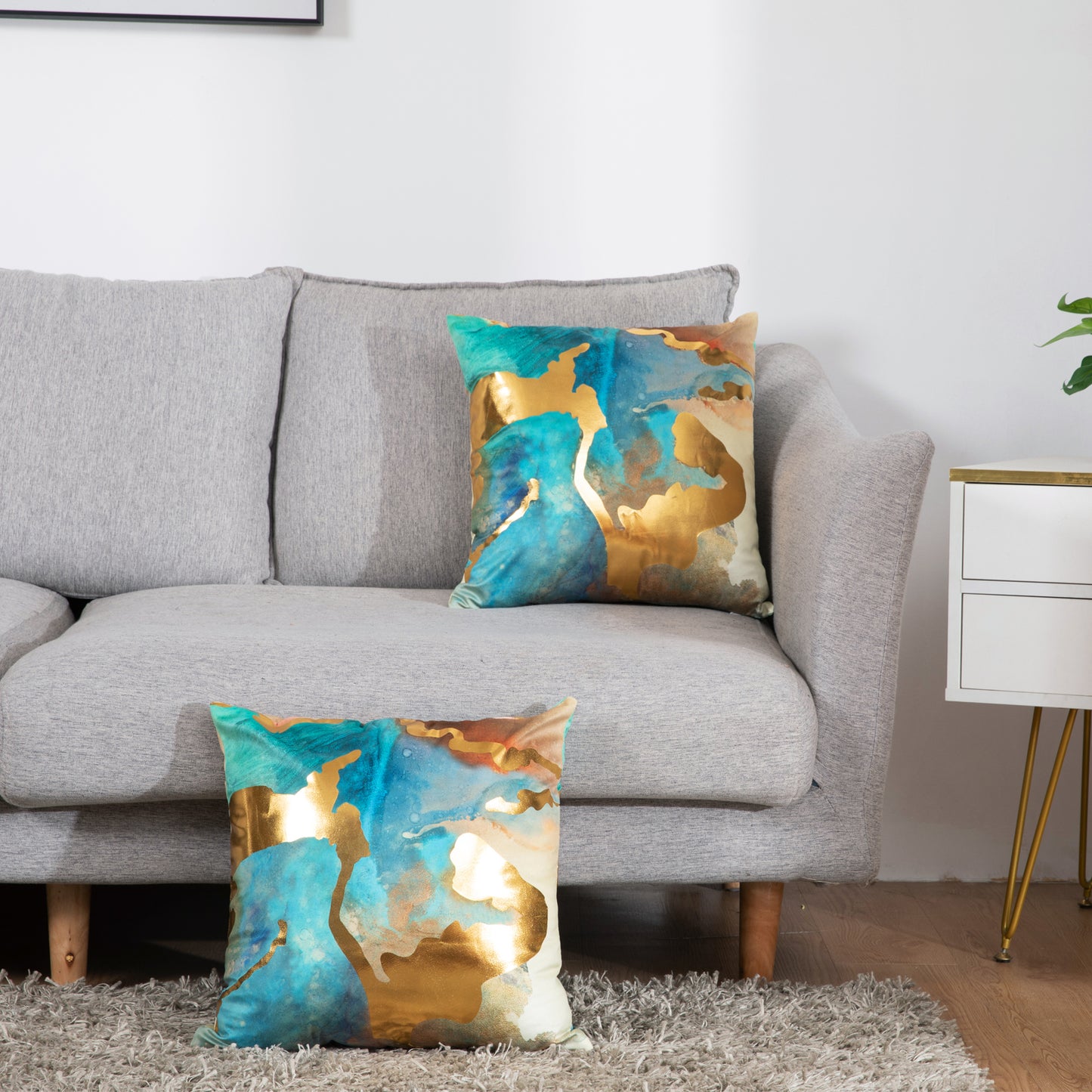 GSXAST2, HOSTECCO Teal and Gold Throw Pillow Covers 18x18 inch Blue Abstract Pillow Cases for Sofa Couch