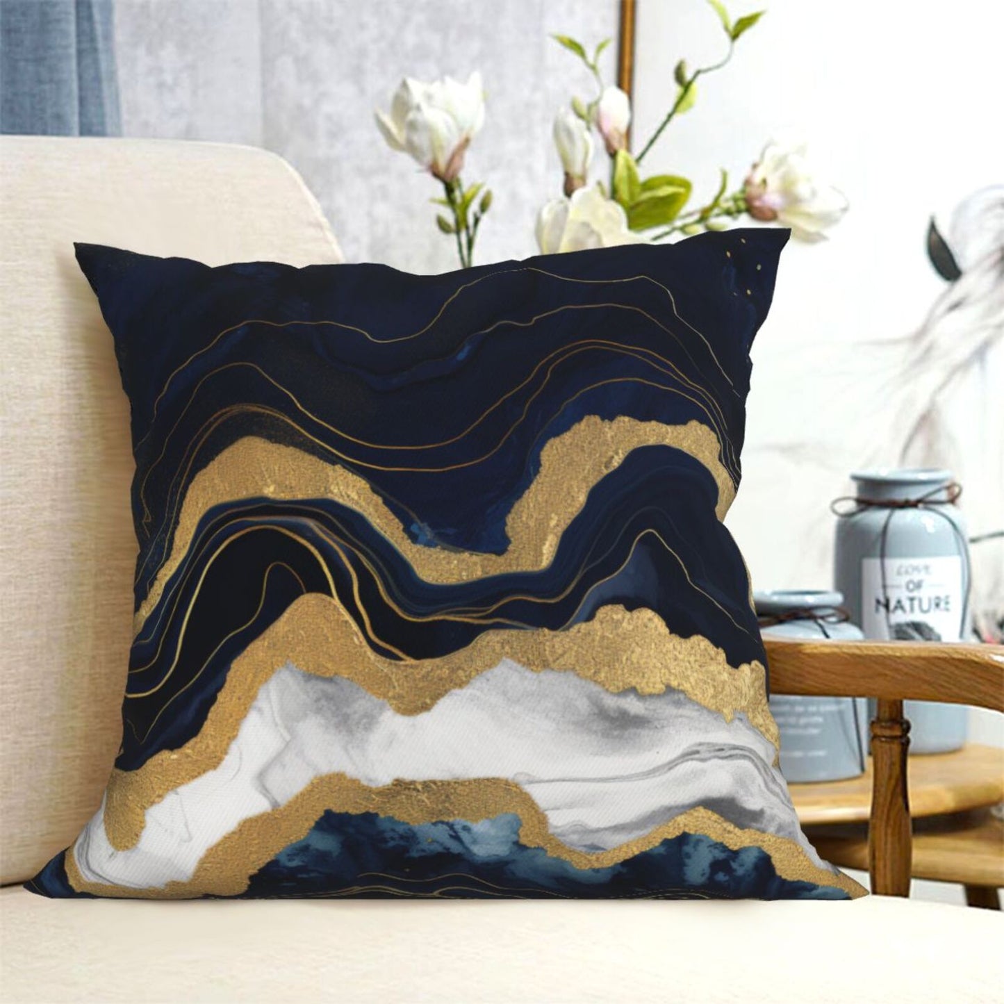 DHSAP-S6, HOSTECCO Navy Blue Marble Throw Pillow Covers 18x18 inch Set of 4 Abstract Blue Gold Pillow Cases for Sofa Couch Living Room