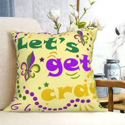 short-pile plush polyester pillow cover with Let’s get crazy party lettering, shown on a cream sofa