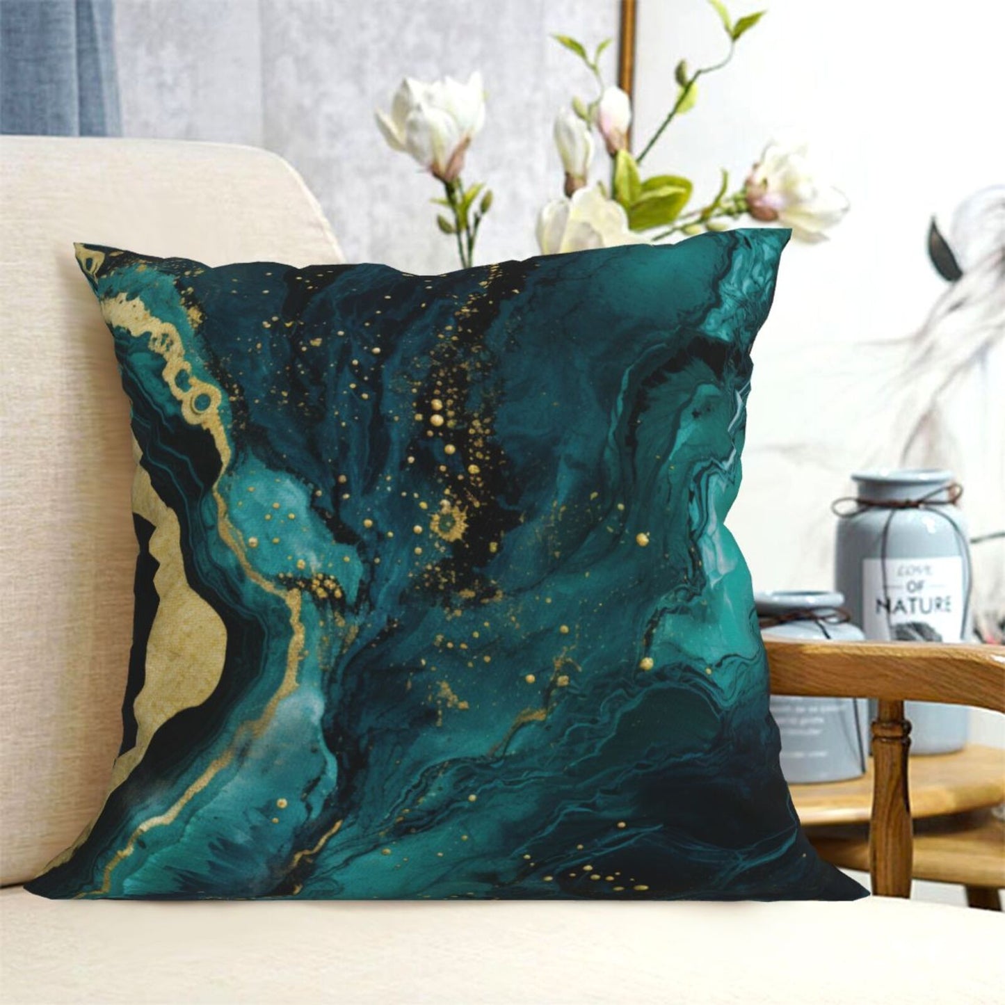 HOSTECCO Green Marble Throw Pillow Covers 18x18 inch Abstract Pillow Cases for Sofa Couch Living Room