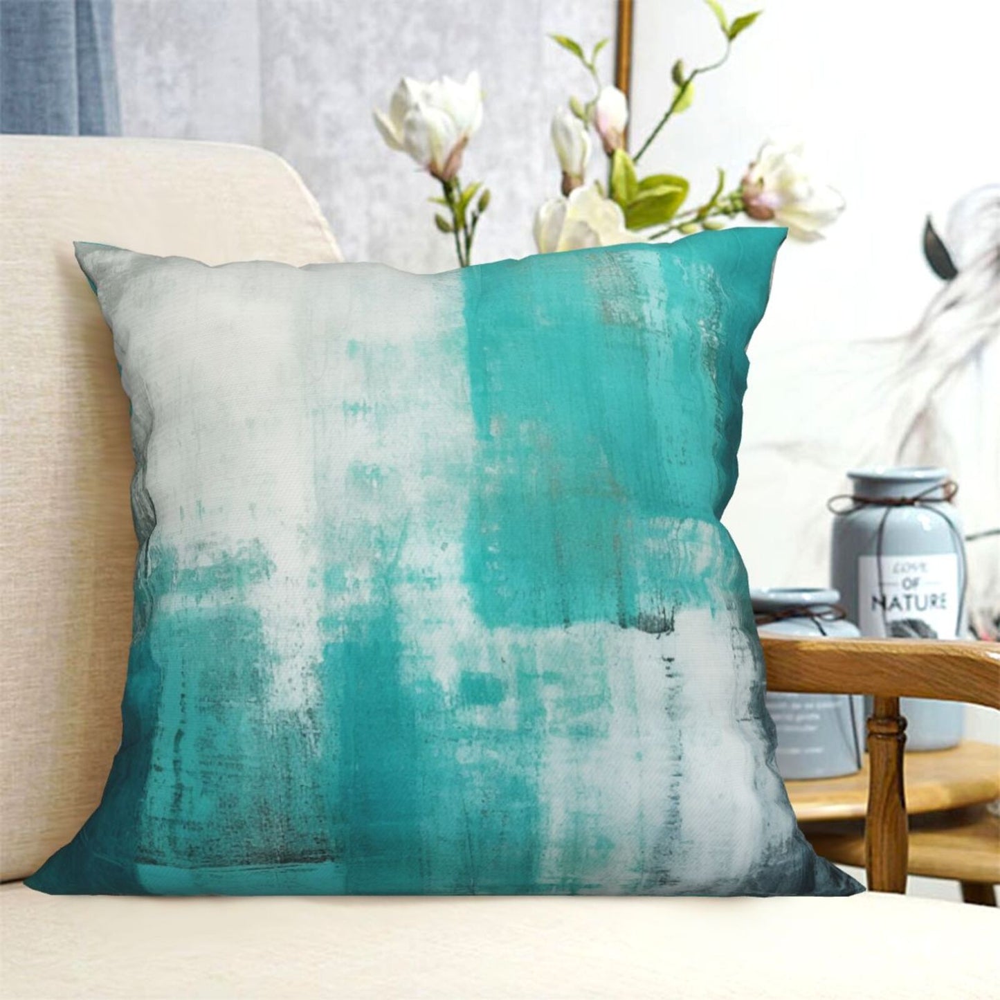 DHSAP-S4, HOSTECCO Teal Grey Throw Pillow Covers 18x18 inch Set of 4 Turquoise Abstract Pillowcases for Sofa Couch