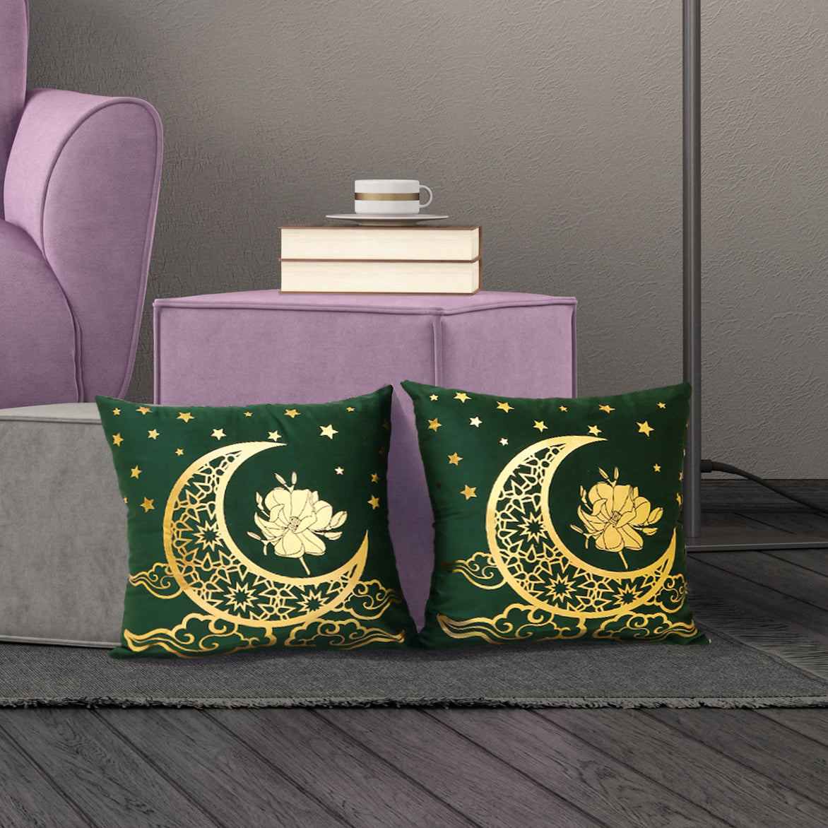 GSXRSG2, HOSTECCO Emerald Green Gold Throw Pillow Covers 18x18 inch Set of 2 Geometric Velvet Pillow Cases Moon Star Decorative Cushion Cases for Sofa Living Room