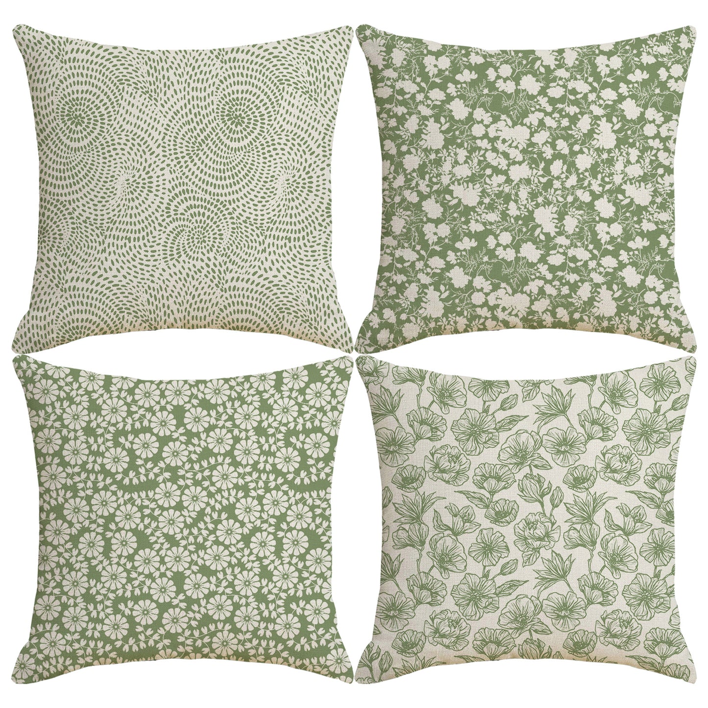 HOSTECCO Sage Green Throw Pillow Covers 18x18 inch Set of 4 Floral Flower Pillow Cases Rustic Dot Decorative Cushion Covers for Sofa Couch